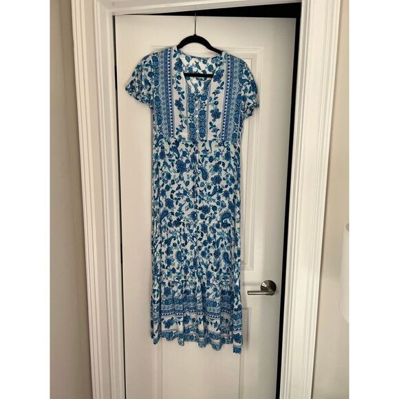 Blue Maxi Dress Tie Waist Button front v-neck paisley print vacation resort S - Picture 3 of 5